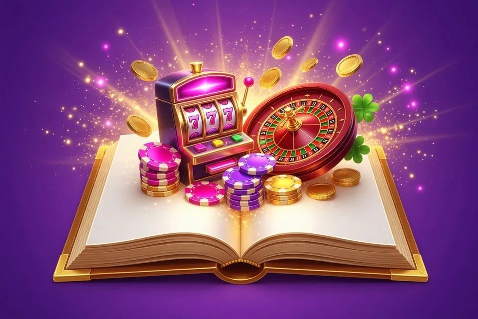 Open guidebook with a slot machine, roulette wheel and chips rising from its pages