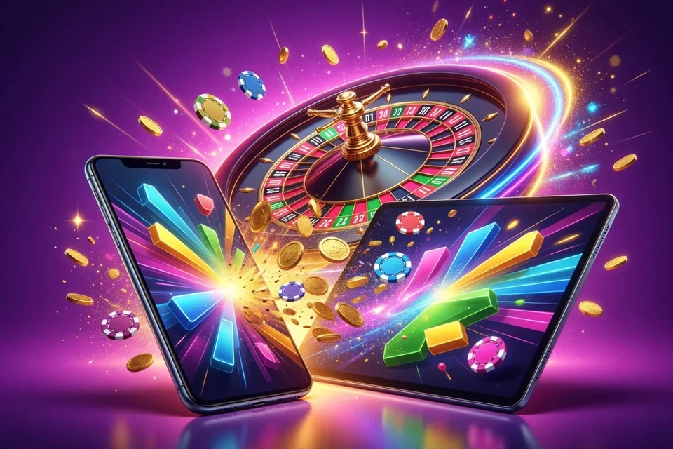 Smartphone and tablet with colourful screens beside a roulette wheel and flying coins
