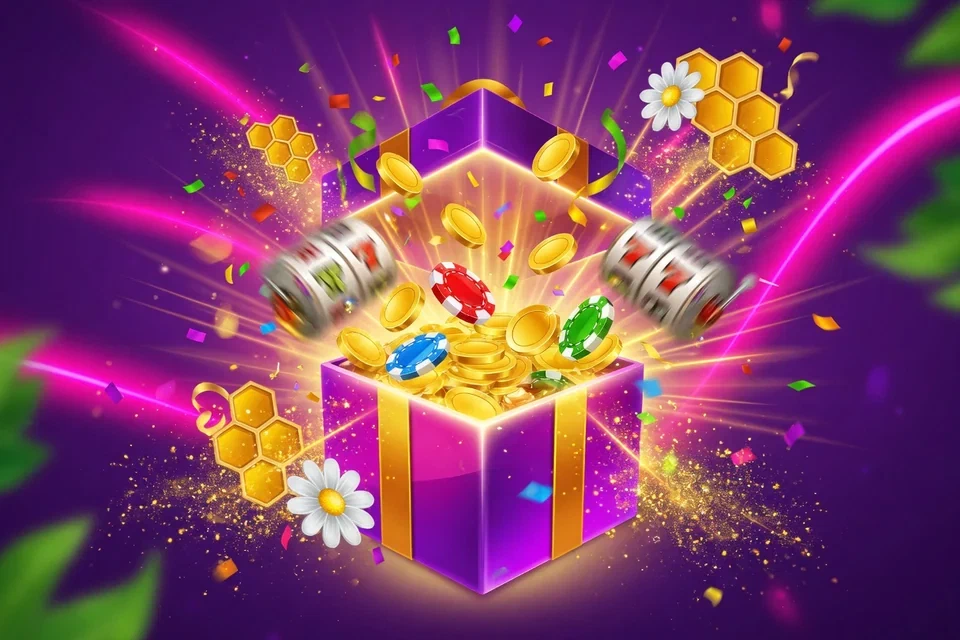 Purple gift box overflowing with coins, chips and slot reels in a burst of confetti