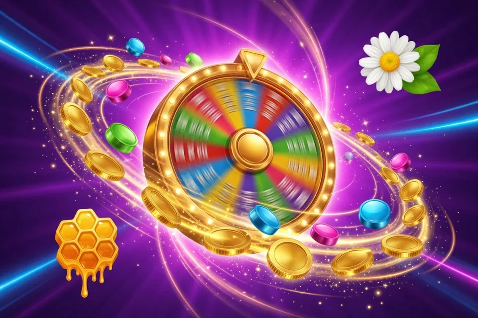 Spinning prize wheel circled by golden coins and gems with a honeycomb accent