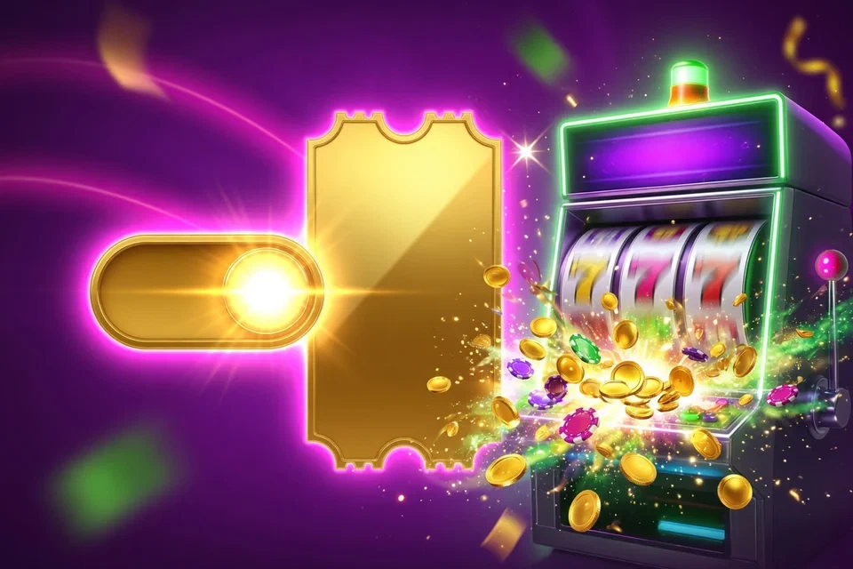 Slot machine lighting up beside a glowing golden switch and a blank bonus ticket