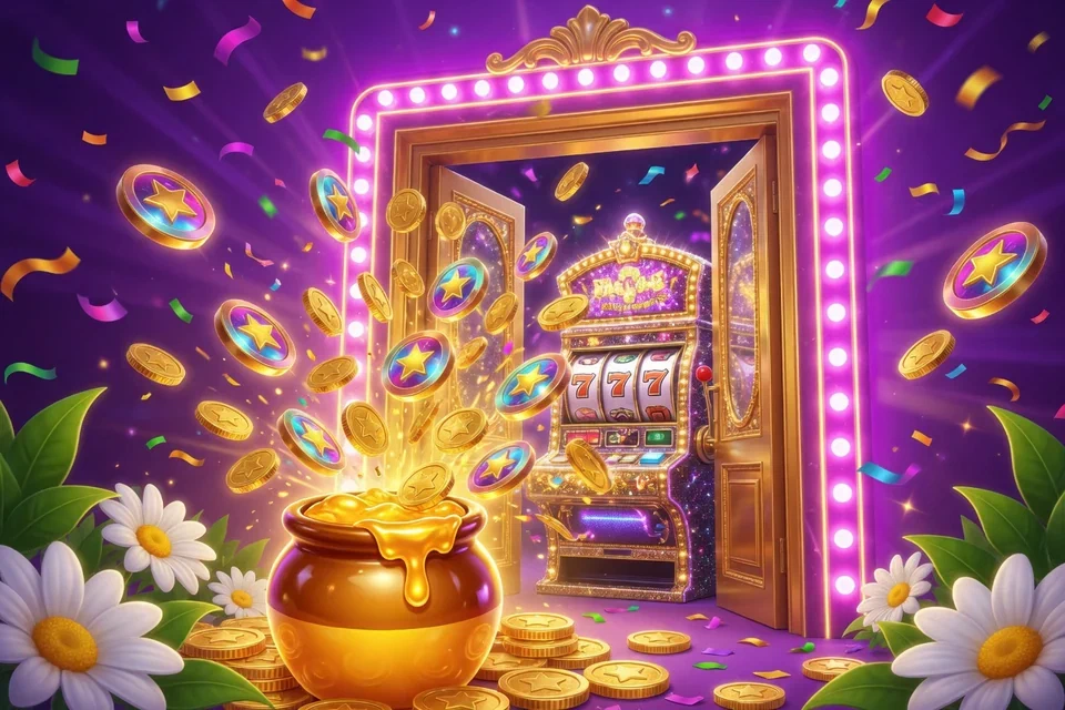 Glowing casino doorway with a slot machine, a honey pot and a cascade of golden coins