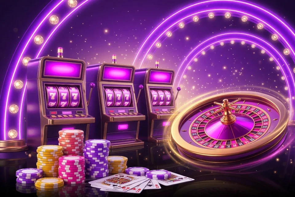 Neon-lit slot machines, a roulette wheel, casino chips and playing cards under violet arches