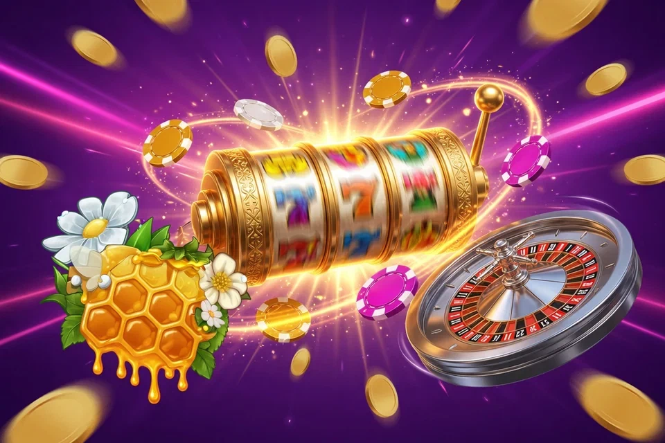 Golden 777 slot reels bursting with light beside a roulette wheel, casino chips, coins and honeycomb flowers