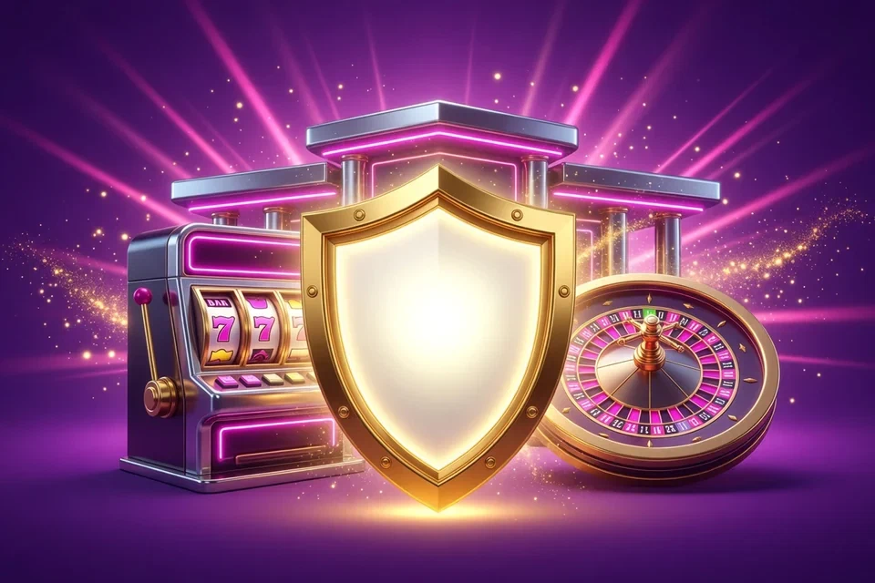 Golden shield in front of a slot machine and a roulette wheel under bright light rays
