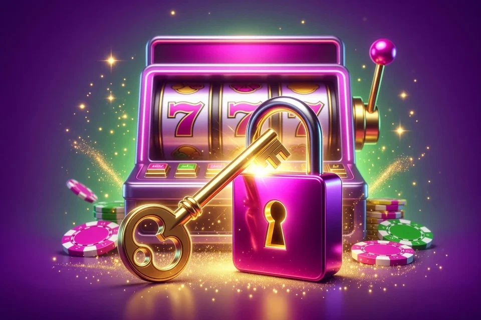 Golden key and pink padlock in front of a neon slot machine with casino chips