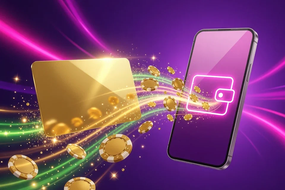 Golden bank card and a phone wallet linked by a bright trail of coins