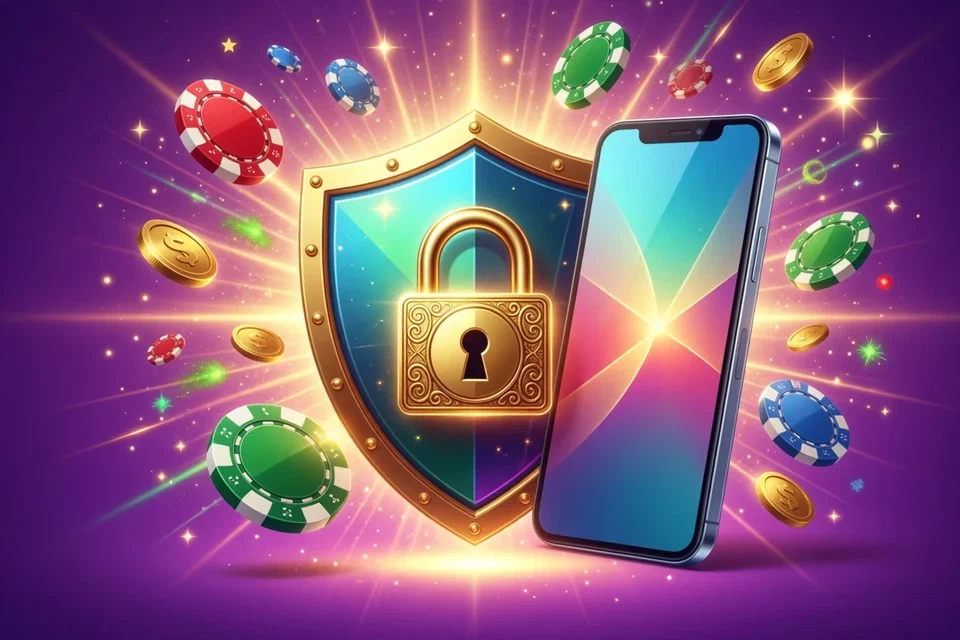 Golden padlock on a shield beside a smartphone with casino chips around it
