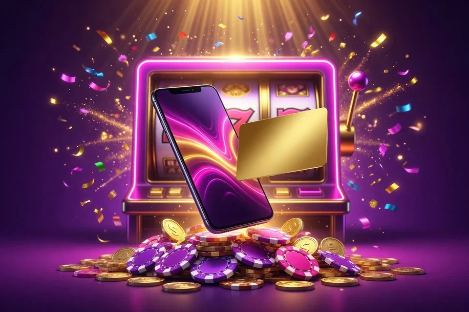 Smartphone and golden card above a pile of casino chips in front of a glowing slot machine