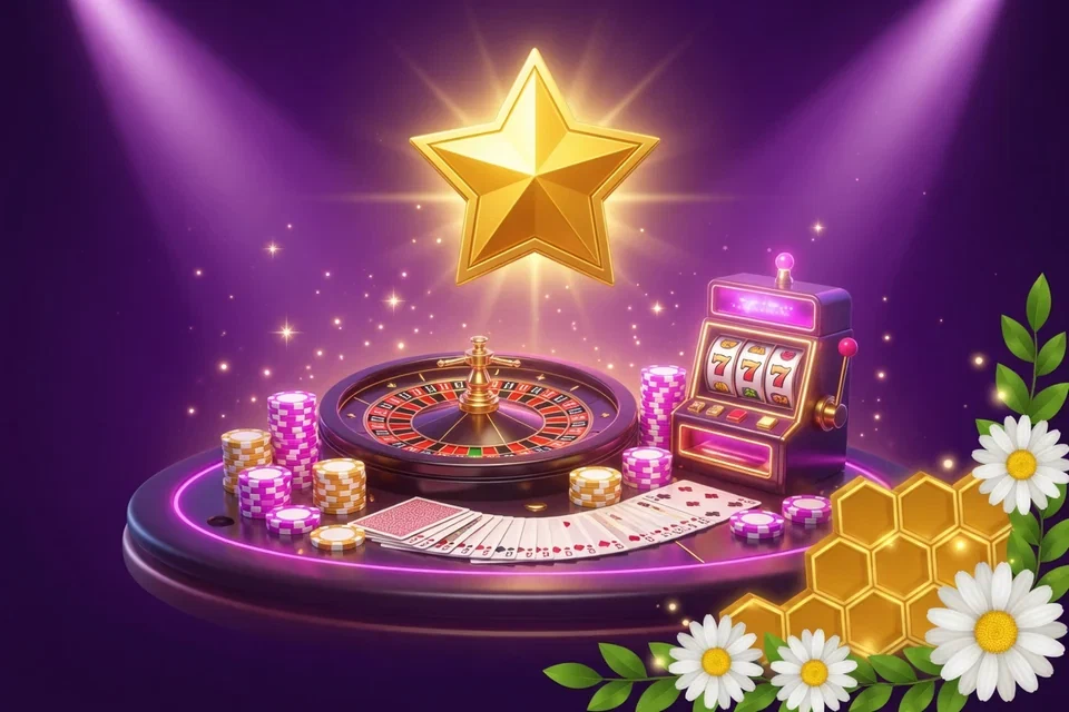 Golden star above a roulette table with cards, chips, a slot machine and honeycomb flowers