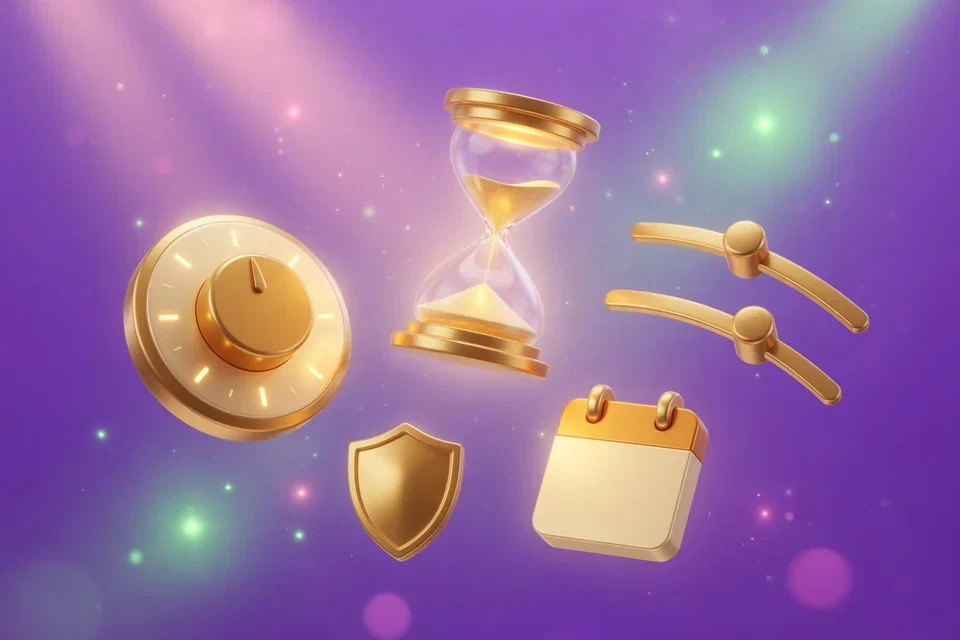 Golden hourglass, control dial, sliders, calendar and shield on a bright violet background