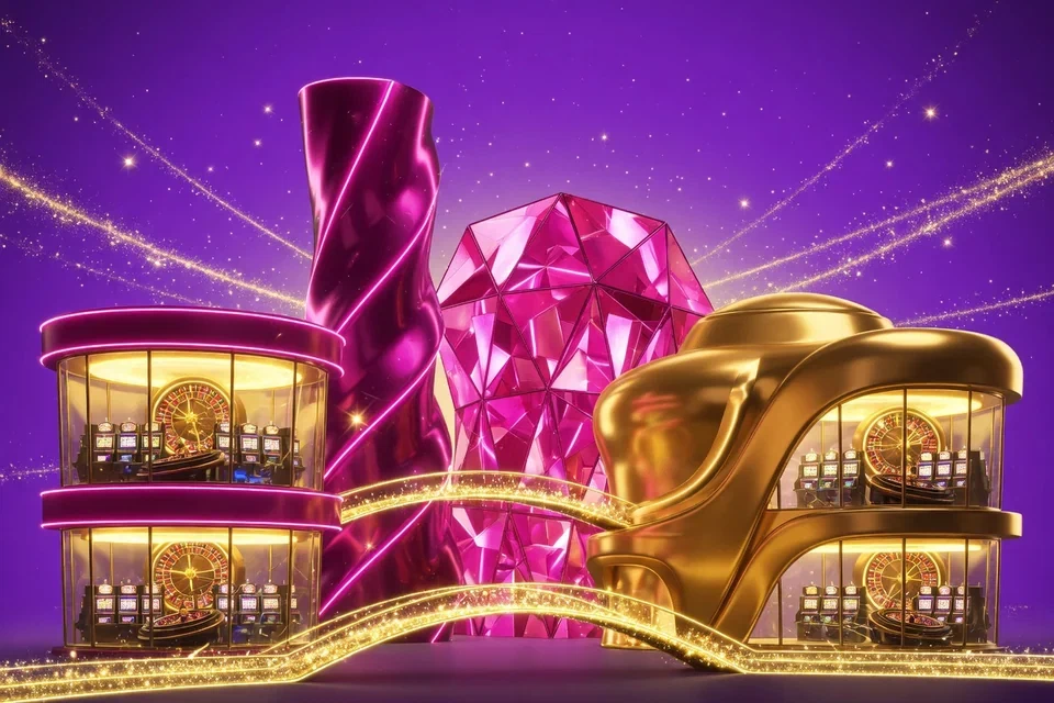 Three colourful casino buildings linked by golden light bridges