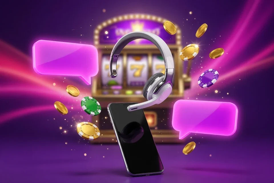 Headset, chat bubbles and a smartphone in front of a glowing slot machine
