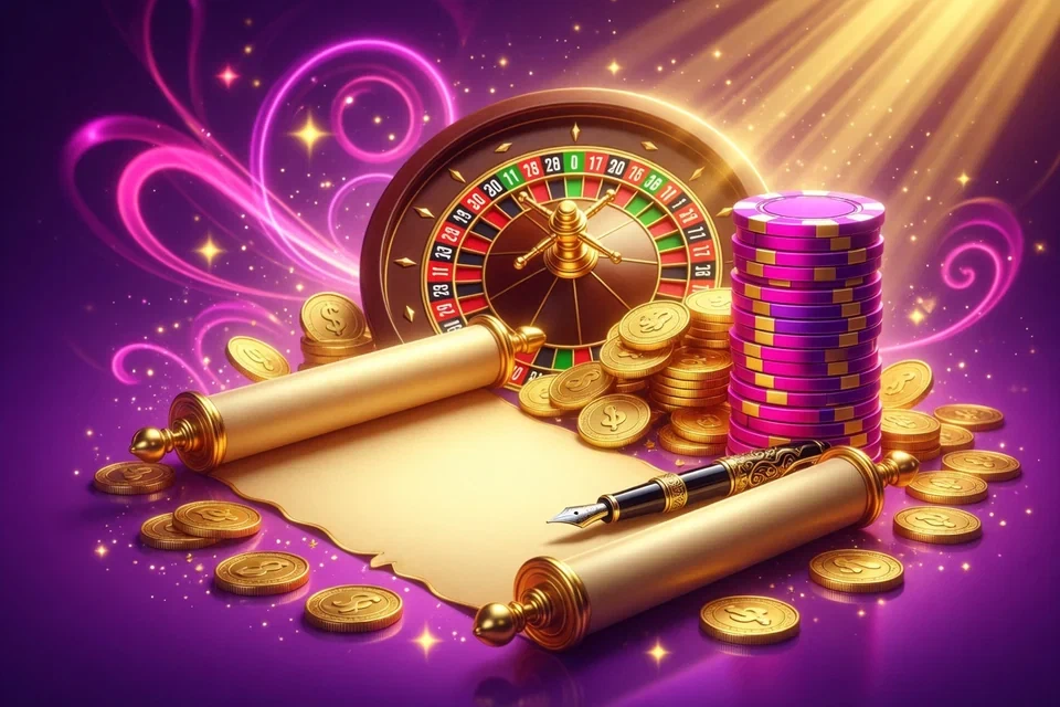 Golden scroll and fountain pen beside a roulette wheel and stacks of casino chips